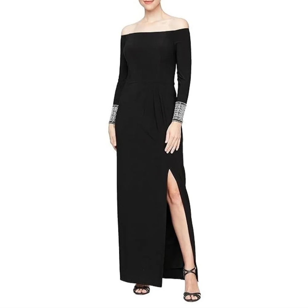 Alex Evenings Black Off the Shoulder Dress | Size 16